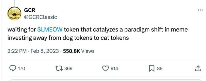GCR's $LMEOW tweet from Feb 8, 2023