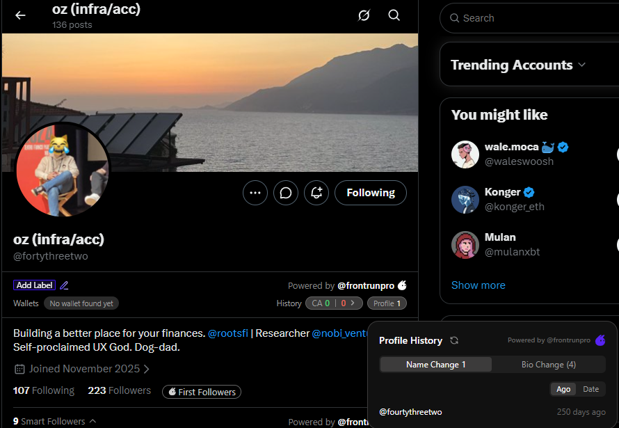 Ozzy's alt account @fortythreetwo running the LMEOW pfp
